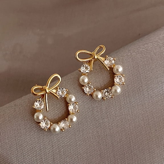 ATJIA Bow Earrings Pearl Drop Earrings Gold Plated for Women Cute Rhinestone Dangle Long Tassel Earrings Gifts