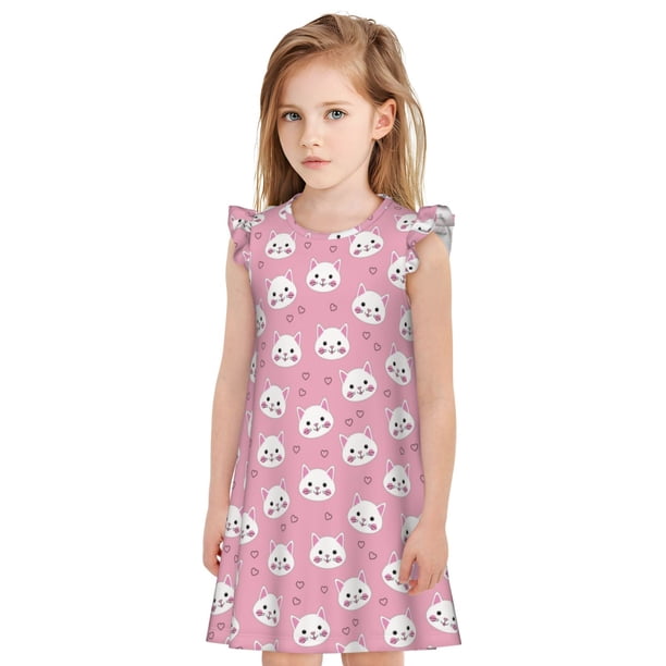 Balery Cute Cat Camisón de princesa para niñas, pijama de algodón con mangas abullonadas, suave y bonito.-Large