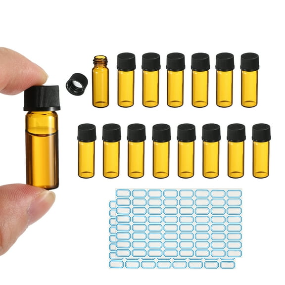2ml Amber Glass Vials, 15 Pack Sample Vials with Screw Cap Reagent Media Bottle with Labels Leak-Proof Liquid Sample Glass Vial for Lab Laboratory