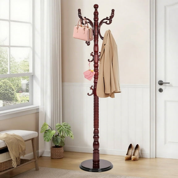 PUKNLY Wooden Coat Rack Freestanding, Hall Tree Hanger with Resin Hooks, Adjustable Heavy Duty Coat Stand for Hanging Clothes, Bags, Hats, and Umbrellas in Living Room, Bedroom, Entryway, and Hallway