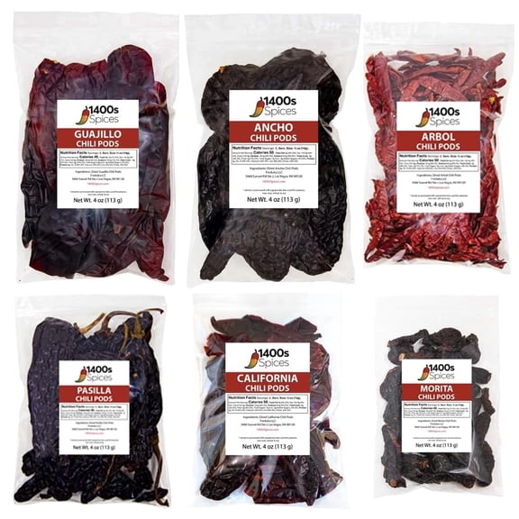 Dried Chile Peppers Variety 6 Pack – Guajillo, Ancho, Pasilla, Arbol, Morita & California Chiles (24oz Total) – Perfect for Mexican Recipes, Salsas, Moles & Birria – 1400S SPICES