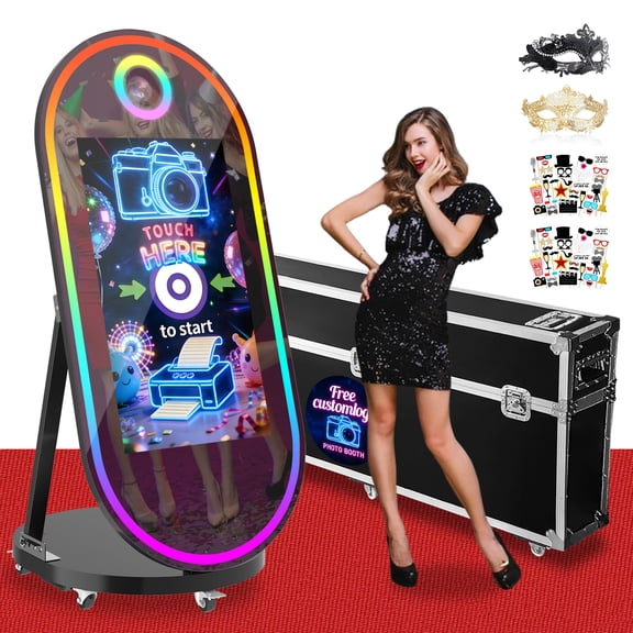 Magic Mirror Photo Booth, 60'' Oval Mirror Photo Booth with 32'' Interactive Touch Screen, Instant Print, Suitable for All Types of Photography Needs(Black)