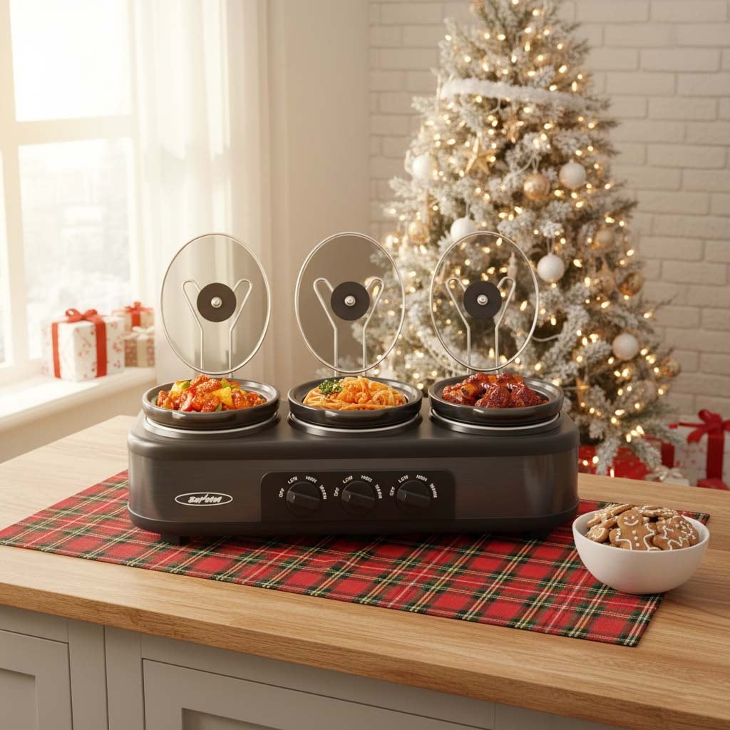 Triple Slow Cooker with 3 Spoons, 3 Pot 1.5 Quart Oval Crock Food Warmer Buffet Server, Stainless Steel