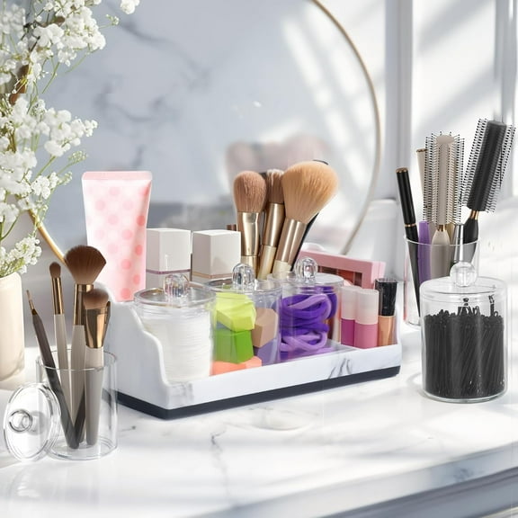 Marble Bathroom Countertop Organizer with Toothbrush Holders, Qtip Dispenser & Drainage for Vanity Storage