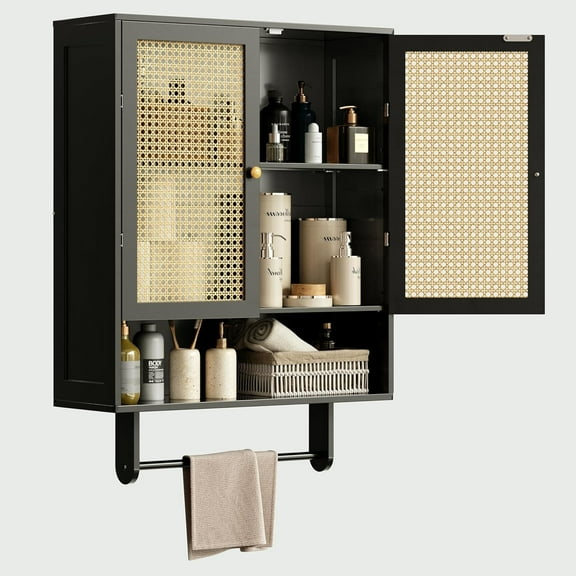 Bathroom Wall Cabinets, Bamboo Medicine Cabinets with Adjustable Shelves, Wall Mounted Bathroom Storage Cabinet, 2 Doors Over The Toilet Storage for Bathroom, Kitchen, Entryway, Black