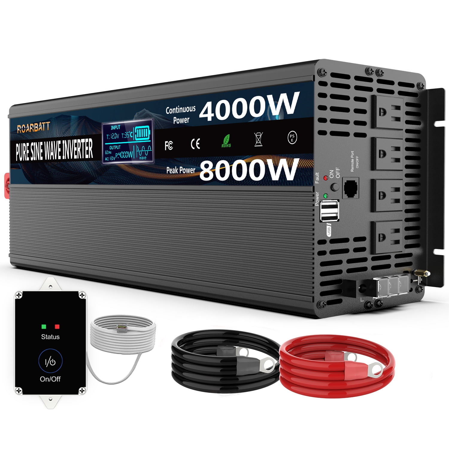 ROARBATT Power Inverter 4000W/8000W, DC 12V to AC 120V, Remote 