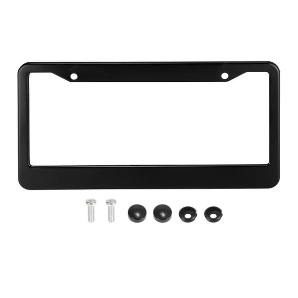 Cubierta de marco para matrícula de aleación de aluminio, 2 orificios para soporte de matrícula trasero delantero de coche con tornillos, tapas, montaje de placa negra