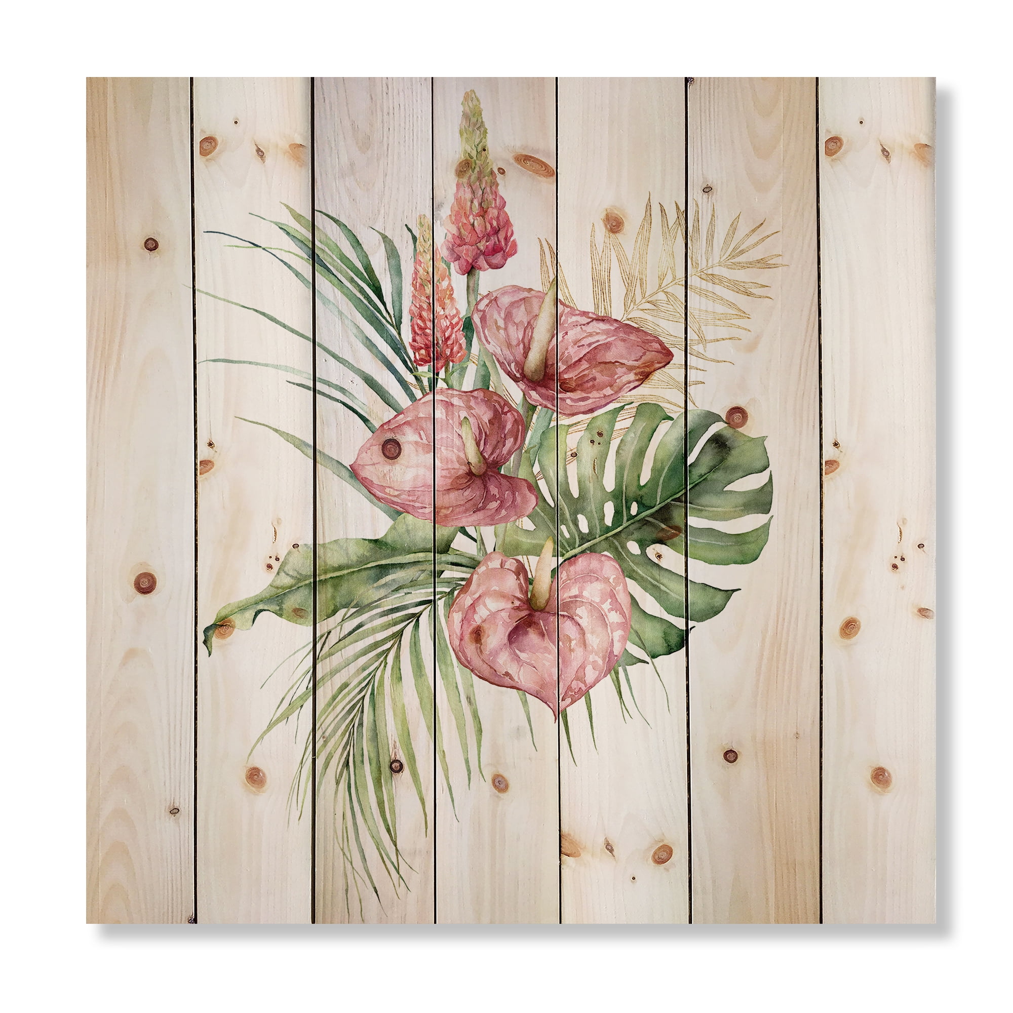 Designart 'Tropical Bouquet With Anthurium Lupine and Leaves On White I' Traditional Print on Natural Pine Wood