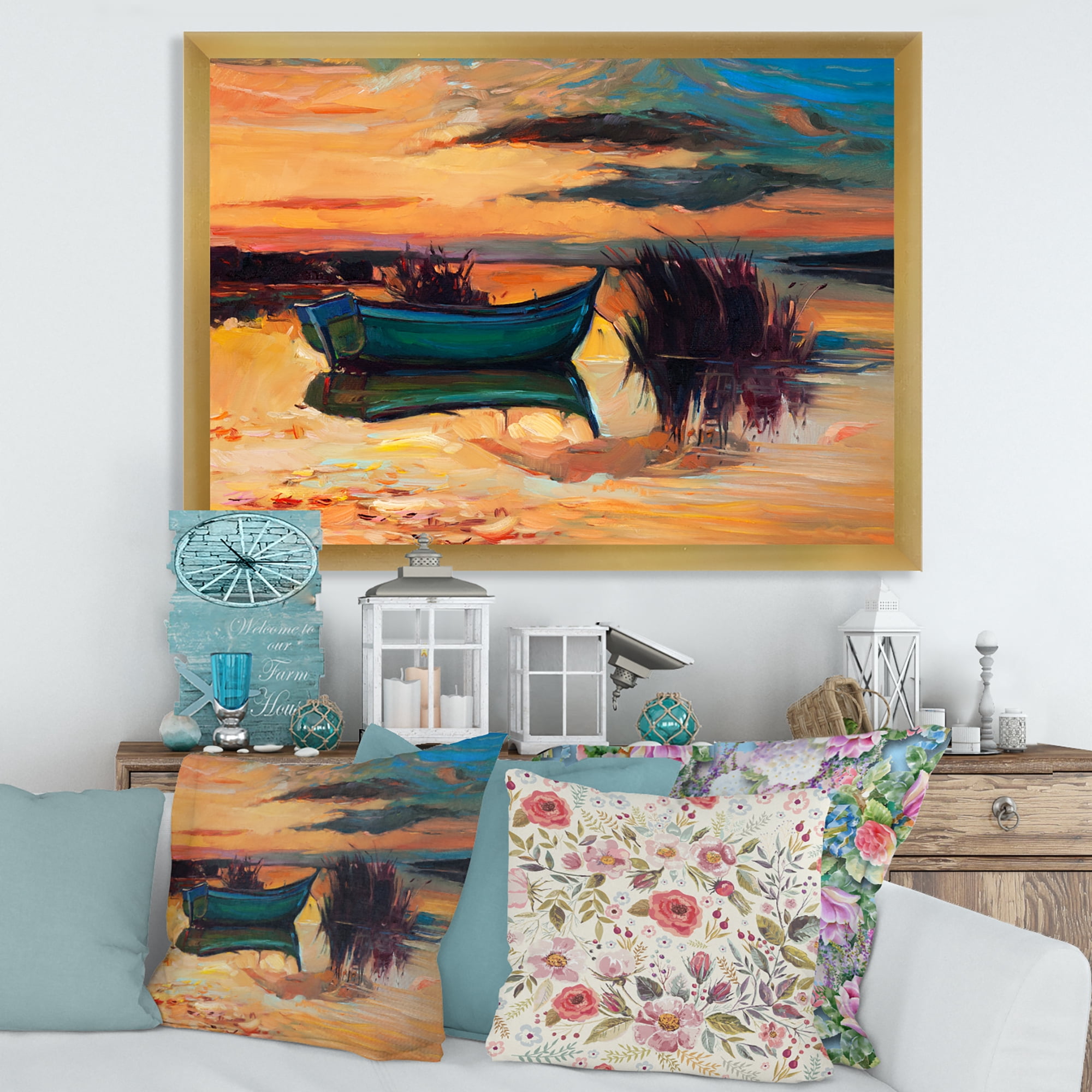 Boat At The Lake During Evening Glow I 32 in x 24 in Framed Painting Canvas Art Print, by Designart
