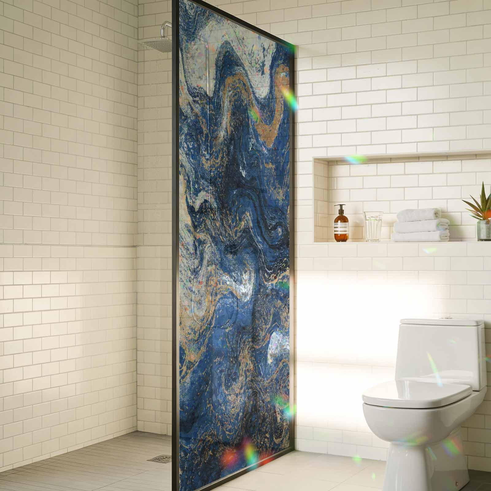Blue Marble Window Privacy Film Stain Glass,Reusable Decorative Rainbow Window Film,Modern Minimalist Abstract Fluid Art Static Cling Sun Blocking Stickers Decals Covers 29.5" x 78.7" (2pcs)