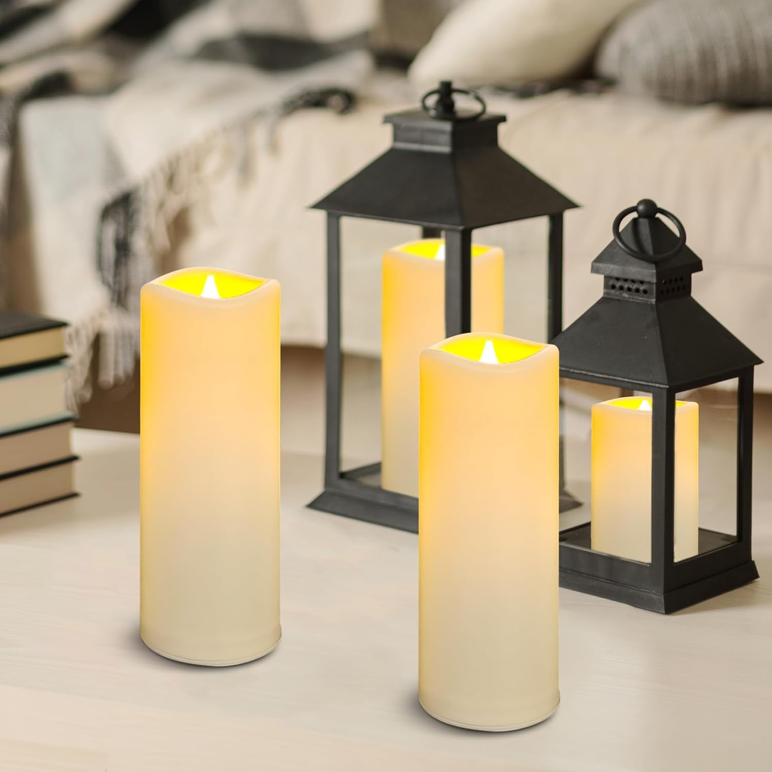 OSHINE Flameless Candles Set of 9 Plastic LED Pillar Candles Battery Operated Candles Outdoor Waterproof Ivory Frosted with 10-Key Remote and Timers