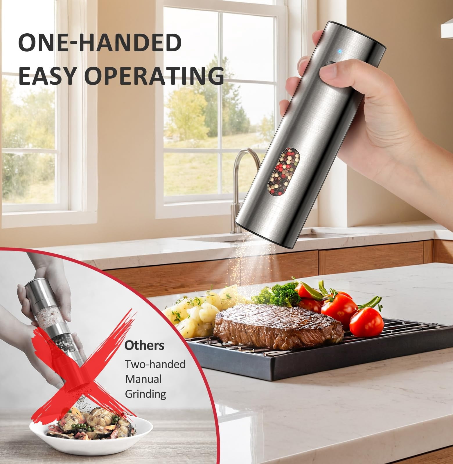TeSabMi Electric Salt and Pepper Grinder Set, Rechargeable Stainless Steel Mills with USB-C Charging Base, LED Light, Adjustable Coarseness, 2 Pack