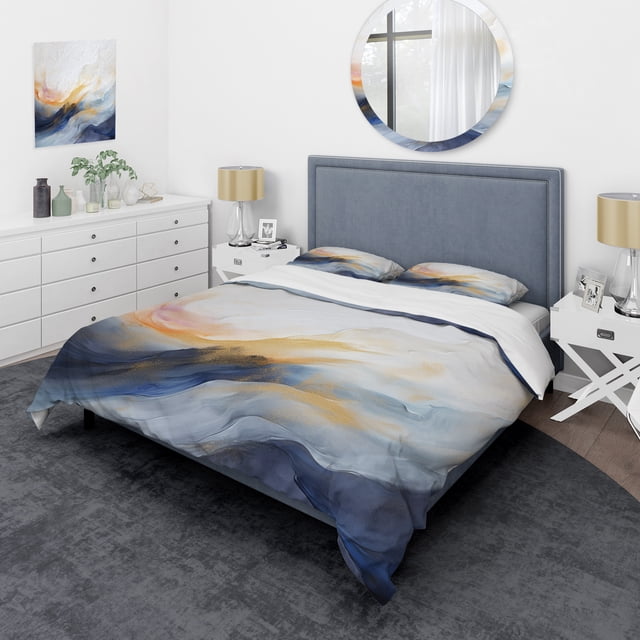 Designart "Marble Storm in Blue and Yellow Abstract III" Abstract Painting Bedding Covert Set - Abstract Blue Modern Bed Set With 2 Shams