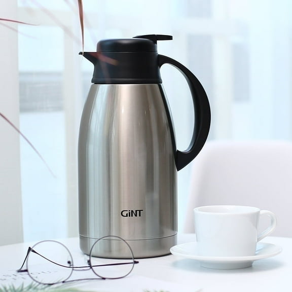 Gint 64Oz Stainless Steel Double-Walled Vacuum Thermal Coffee Carafe, 12 Hour Heat Retention, Silver, 1.9L