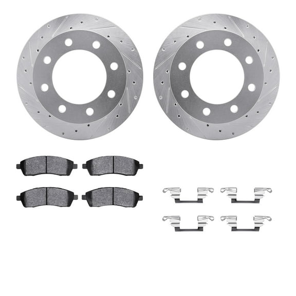 Dynamic Friction Company Rear Brake Rotors-Drilled and Slotted-Silver with Ultimate Duty Performance Brake Pads includes Hardware 7412-54048