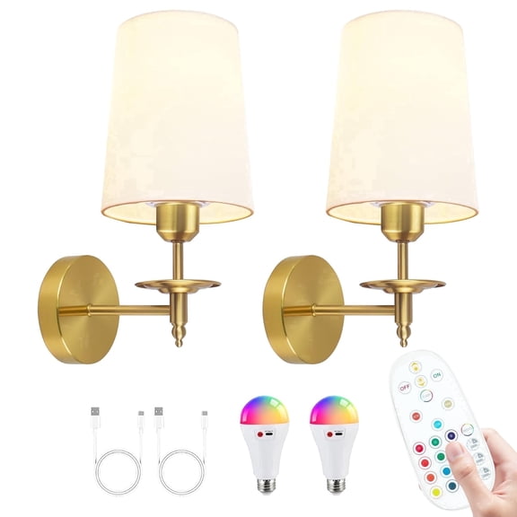 Hlite Gold Rechargeable Wall Sconces Set of 2, Battery Operated with Remote, 3CCT & 12 RGB Modes, Fabric Shade Wireless Lights for Bedroom Living Room
