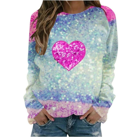 Wycnly Valentines Sweater Women Valentines Day Shirts for Women Fashion Heart Print Crewneck Sweatshirts Spring Ladies Plus Size Raglan Long Sleeve Pullover Tops Weekly