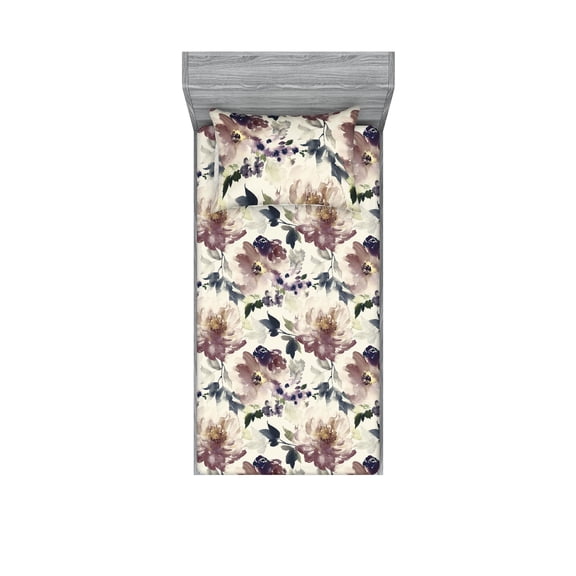 Floral Fitted Sheet & Pillow Sham Set, Watercolor Painting Style Nature Flora Bloom Flowers of Innocent Garden Print, Decorative Printed 2 Piece Bedding Decor, Twin, Ivory Dark Mauve, by Ambesonne