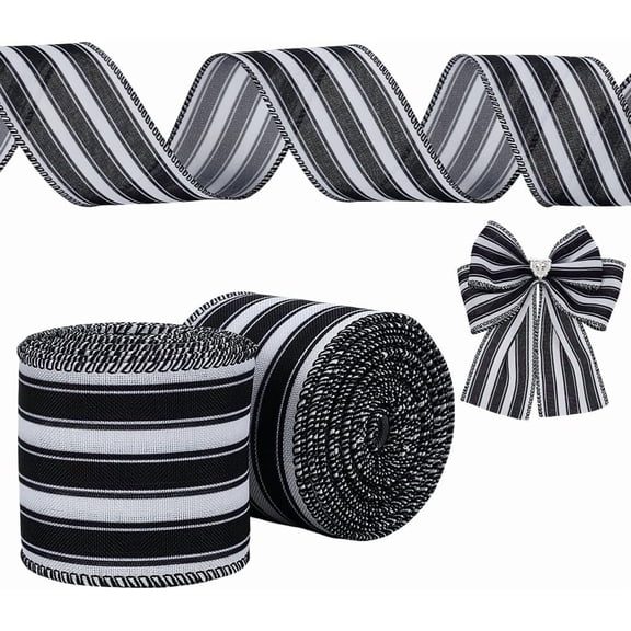 2 Rolls Black Burlap Striped Fabric Ribbon 2-1/2 inch Wide Striped Wired Edge Ribbon Farmhouse Fabric Ribbons