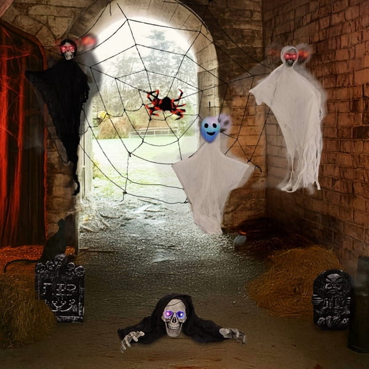 Alvantor 8-Piece Halloween Yard Decorations Set with 3 Ghosts, 2 Tombstones, Skeleton, 5.9 ft Spider Web and LED Eyes, Multicolor