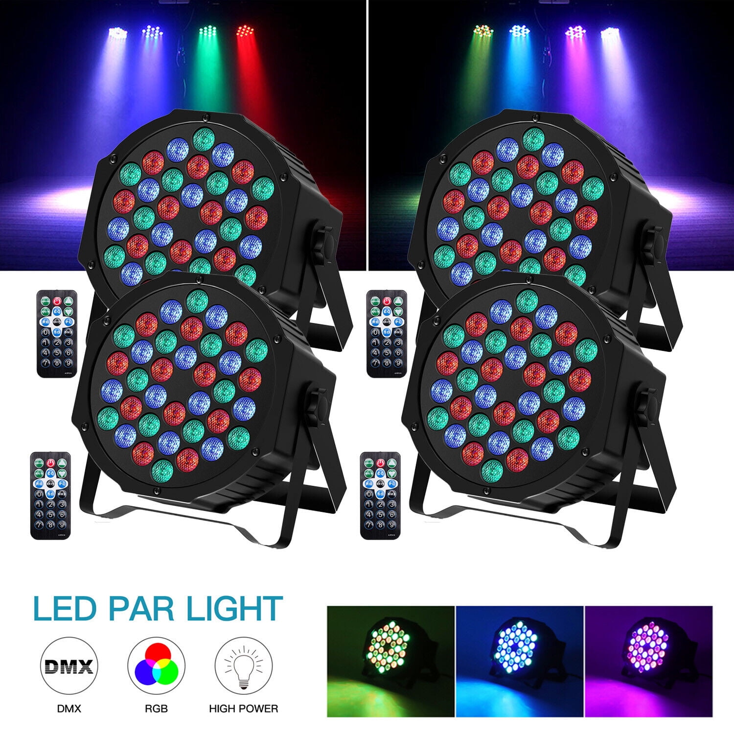 Stage Lights 36 LED Par Lights, RGB Uplights Stage Lighting Indoor for Christmas Halloween Music Party Disco Wedding, Remote Control, DMX Control Sound Activated Party Lights,4 Pack