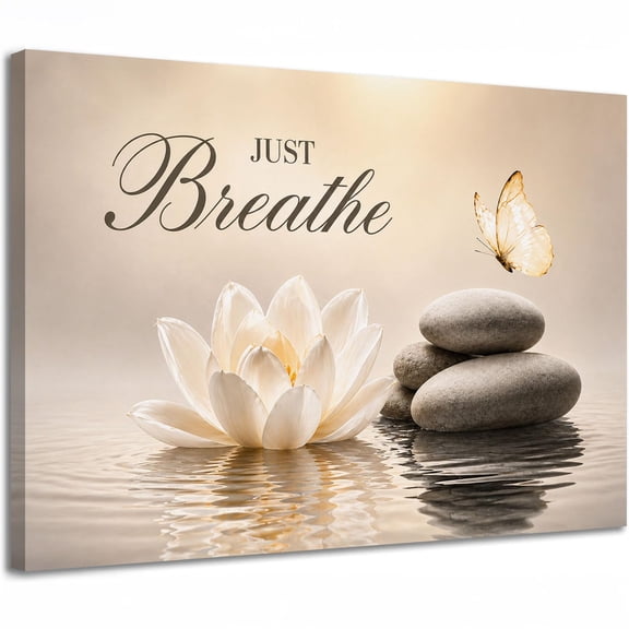 Just Breathe Lotus Canvas Wall Art, Peaceful Blue Butterfly with Zen Stones, Tranquil Spa Inspired Home Decor Print