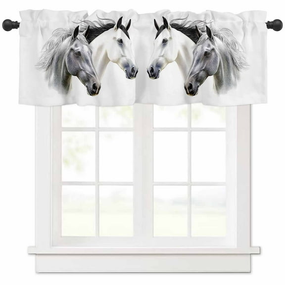 nqOlkjepod Horse Print Farmhouse Short Window Curtain Valances, Modern Watercolor Grey White Animals Rod Pocket Kitchen Valances for Living Room Bedroom Bathroom Cafe, 1 Panel - 42" x 18"