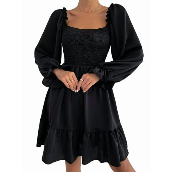 Women'S Square Neck Lantern Long Sleeve Ruffle Shirred Flowy Party Mini Dress Black XXL