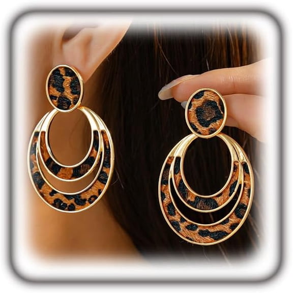 Vintage Leopard Drop Earrings for Women Geometric Brown Statement Earring Unique Cheetah Print Dangle Earrings Trendy Prom Jewelry Accessories Gifts