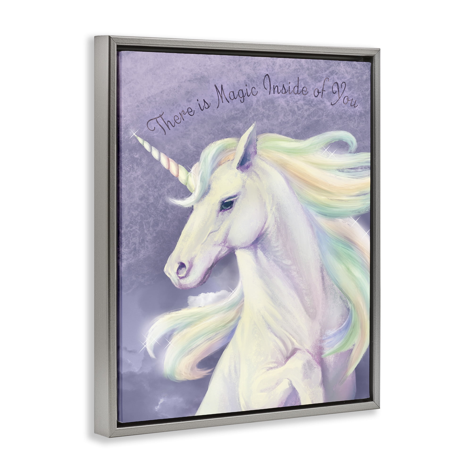Stupell Industries Magic Inside Of You Inspirational Unicorn Inspirational Painting Gray Floater Framed Canvas Art Print Wall Art, 17 x 21