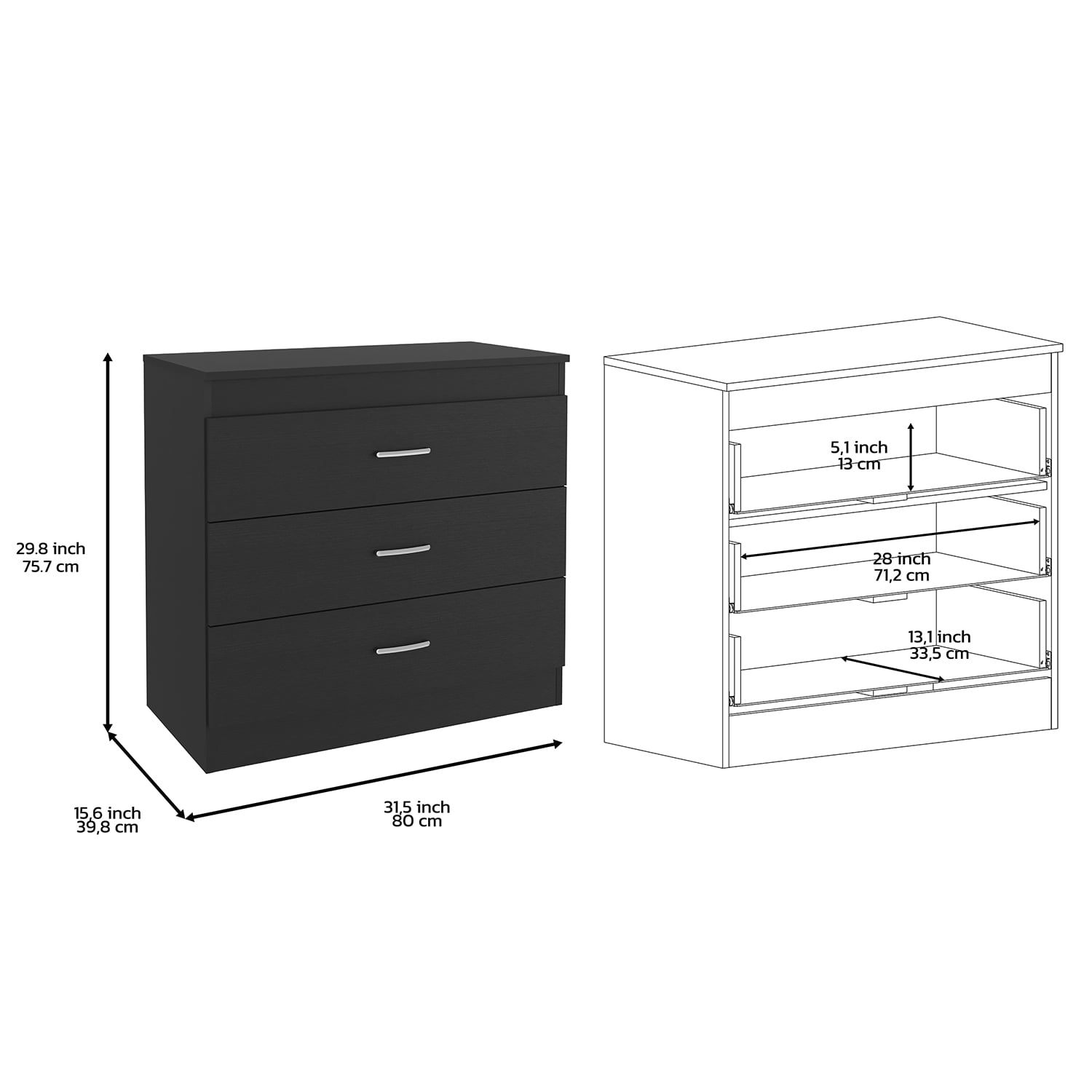 Kadyn Three Drawer Dresser, Chest of Drawers with Metal Hardware, Nightstand for Living Room, Black Storage Cabinet Kadyn Three Drawer Dresser, Chest of Drawers with Metal Hardware, Nightstand for Living Room, Black Storage Cabinet