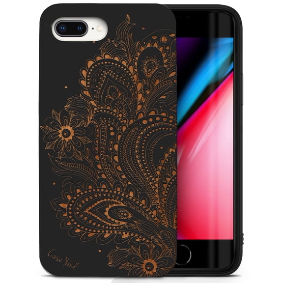 Case Yard Wooden Case for iPhone-8-Plus Soft TPU Silicone cover Slim Fit Shockproof Wood Protective Phone Cover for Girls Boys Men and Women Supports Wireless Charging Flower Paisley Design