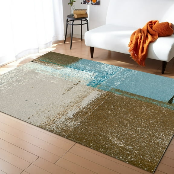 Area Rug 5'x8' Blue Brown Grey Oil Painting Abstract Geometric Washable Area Rugs Non Shedding Floor Carpet Rubber Backing Non-Slip Indoor Mats for Living Room Bedroom Kitchen