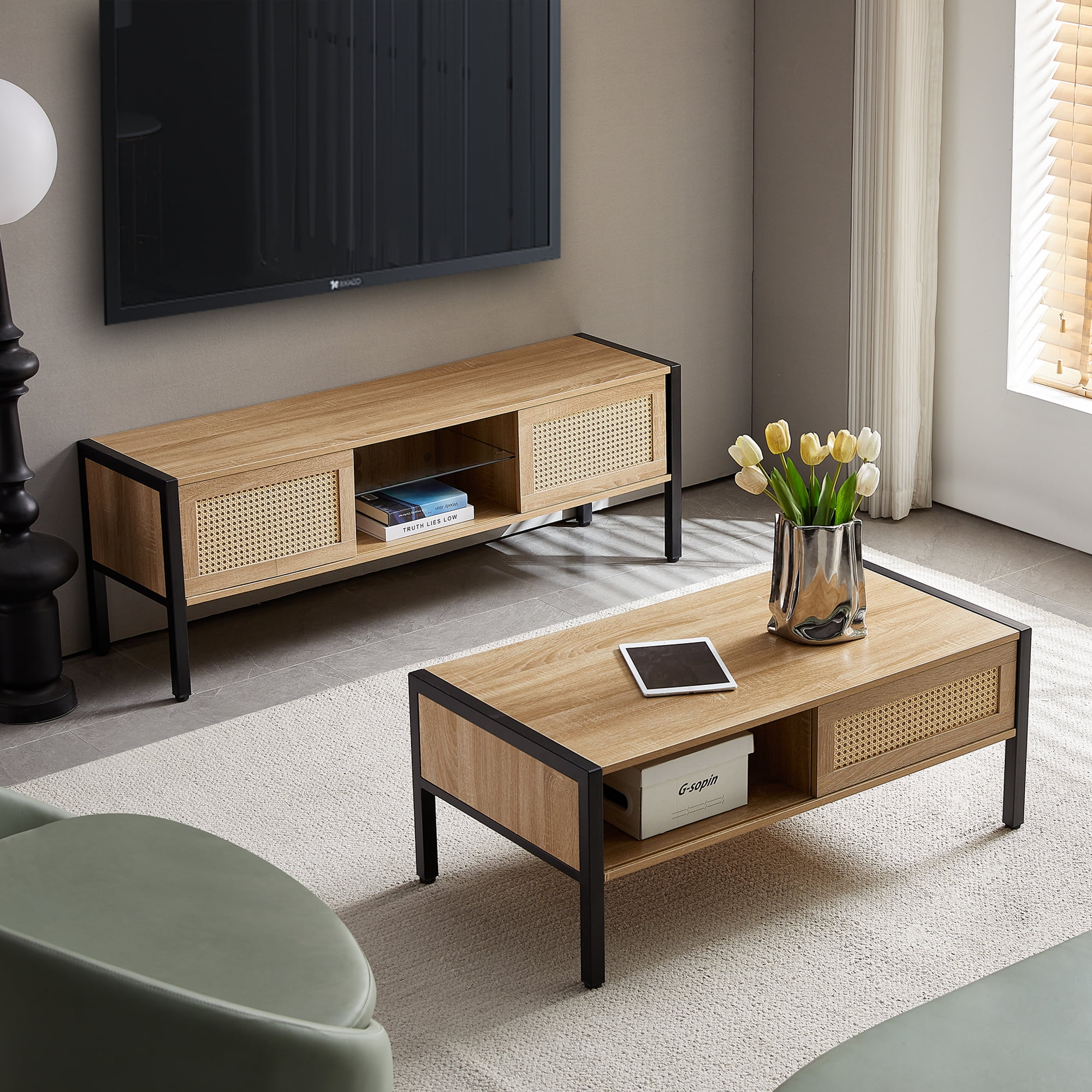 MAYEERTY 54.33" Rattan TV Cabinet with Adjustable Shelf, Variable Color Light Strip, and Metal Legs, Natural