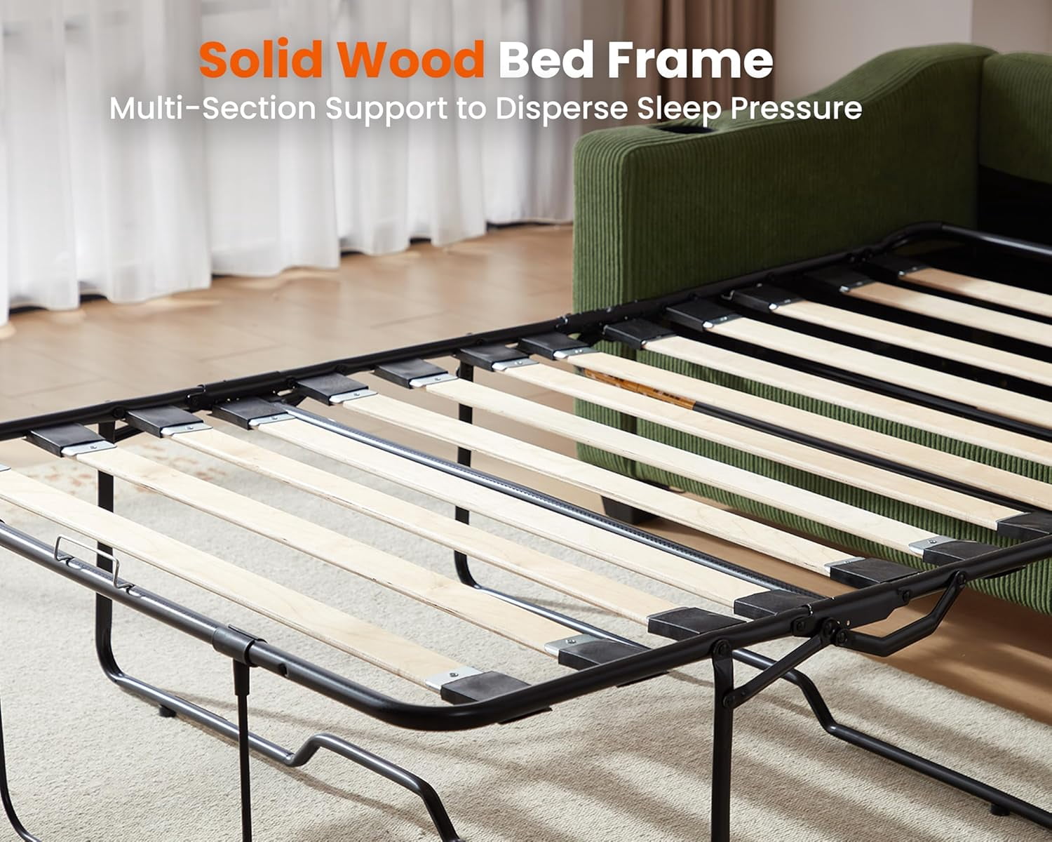 CHIC HOUSE Pull Out Sofa Bed Couch Queen Size with Mattress USB, Convertible Sleeper Sofa Loveseat for Small Spaces RV, Corduroy Pull Out Couch Bed for Living Room with Cup Holders LED Lights, Green