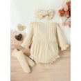 thumbnail image 4 of Baby Girls 3Pcs Fall Outfits, 3 6 9 12M Long Sleeve Button Front Ruffle Romper + Socks + Headband Set, 4 of 10