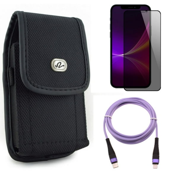 Case Belt Clip & Purple 10ft PD Cable & Privacy Screen Protector for iPhone 13 Pro Max ONLY - Rugged Holster Canvas   USB-C Extra Long Cord Fast Charger   Tempered Glass Curved Anti-Spy Combo