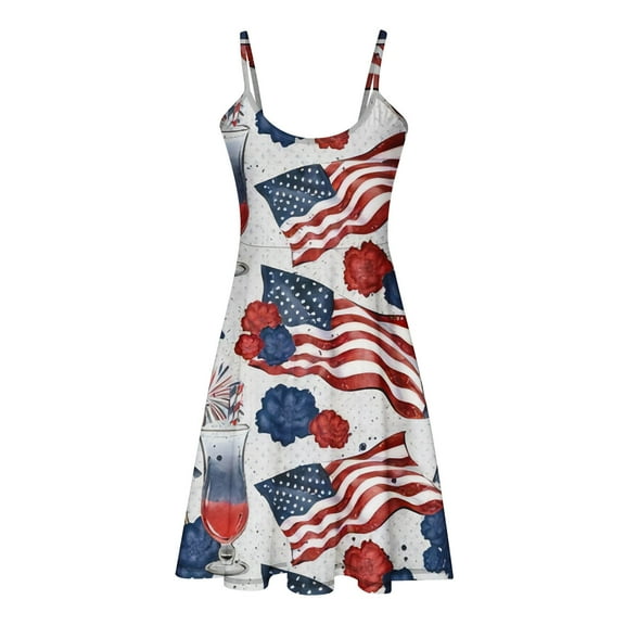 Wycnly Dresses for Women Independence Day Pleated Swing Spaghetti Strap Mini Dresses for 4th of July Round Neck Sleeveless USA Flag Print Summer Short Formal Dress Beige XXL
