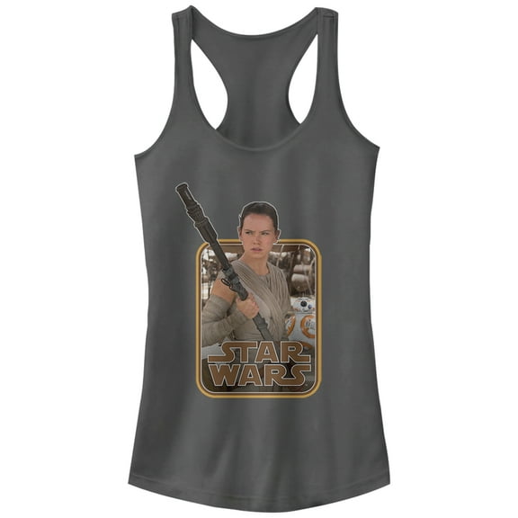 Junior's Star Wars The Force Awakens Retro Rey and BB-8  Racerback Tank Top Charcoal X Large