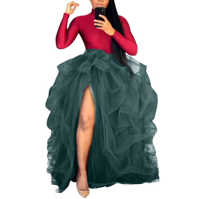 Tulle Skirts for Women Ruffle Side Split Hem Mesh High Waist Sunskirts Trendy Solid Color Wedding Puffy Maxi Skirt
