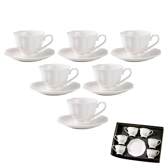 6-Piece Petal-Shaped Ceramic Coffee Cup and Saucer Set, Handmade Ruffled White Porcelain Tea Cups, Anti-Slip Leak-Proof for Afternoon Tea, Elegant Gift Set for Friends, Housewarming, Business (White)