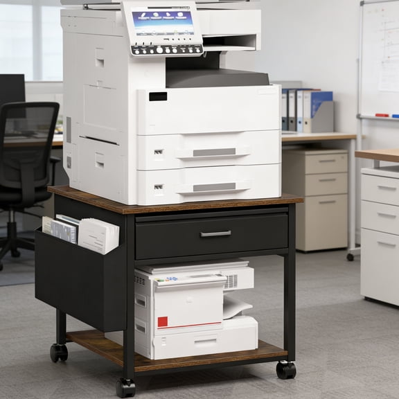 Leyaoyao Large Printer Stand with Side Storage Shelf, Adult Printer Table for Home Office, Rolling Printer Cart Holder with Lockable Wheels, Brown