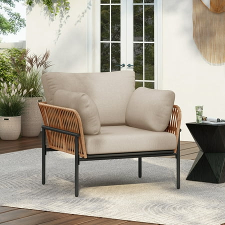 Ryder Modern Outdoor Patio Lounge Chair with Cushions, Rope Accents, Iron Frame, Beige+Natural