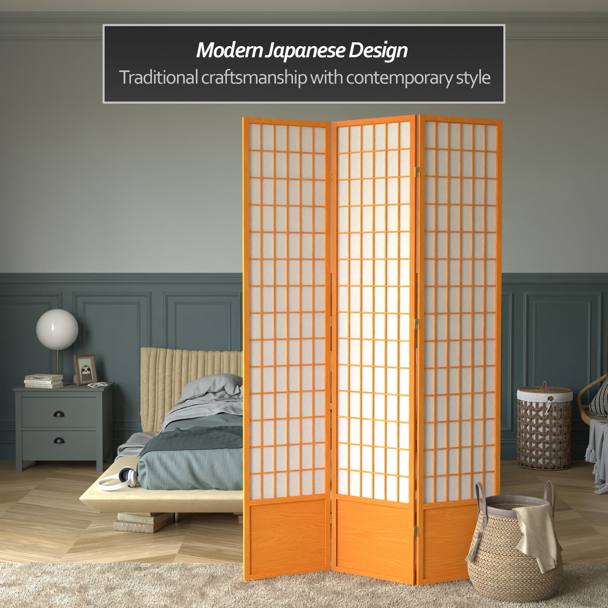 Red Lantern 7 ft. Tall Window Pane Shoji Screen - Honey - 3 Panels