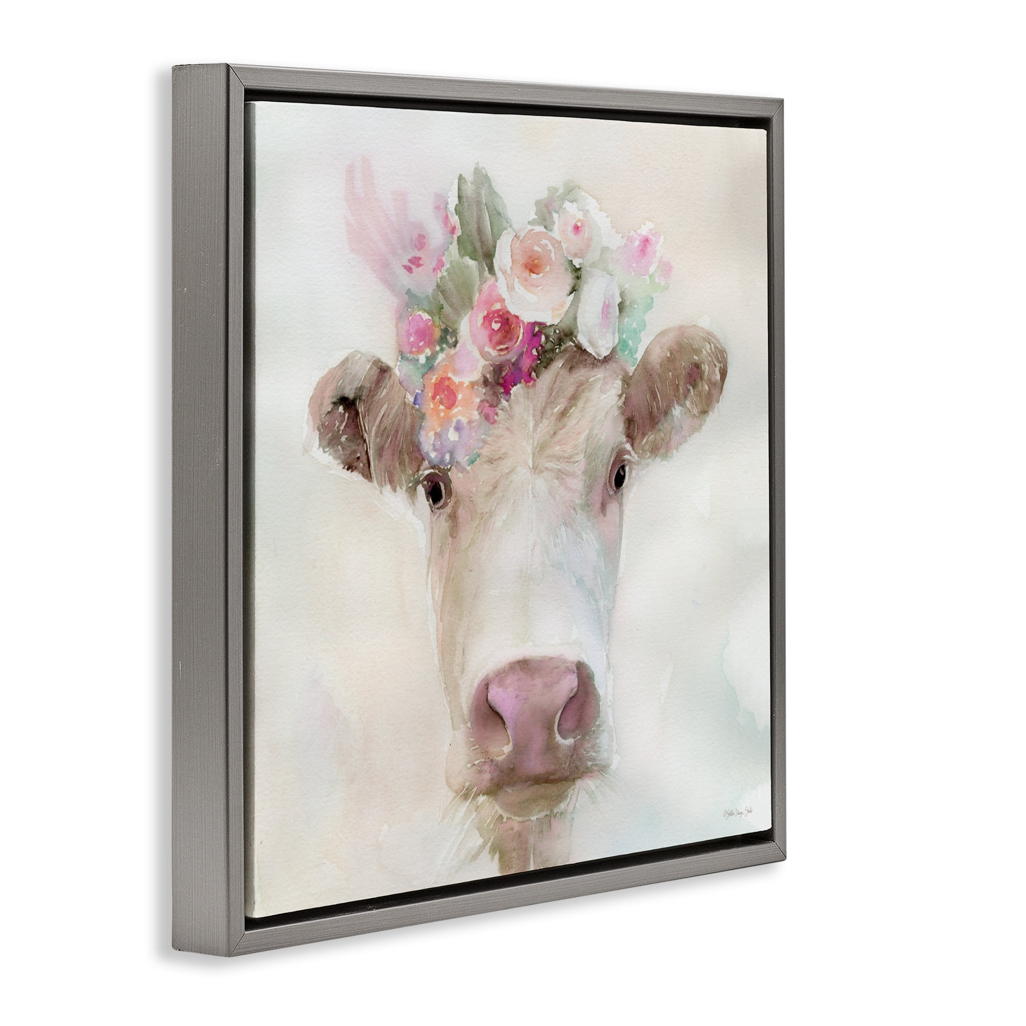 Stupell Industries Betsy Cow with Flowers Gray Framed Floater Canvas Wall Art, design by Stellar Design Studio