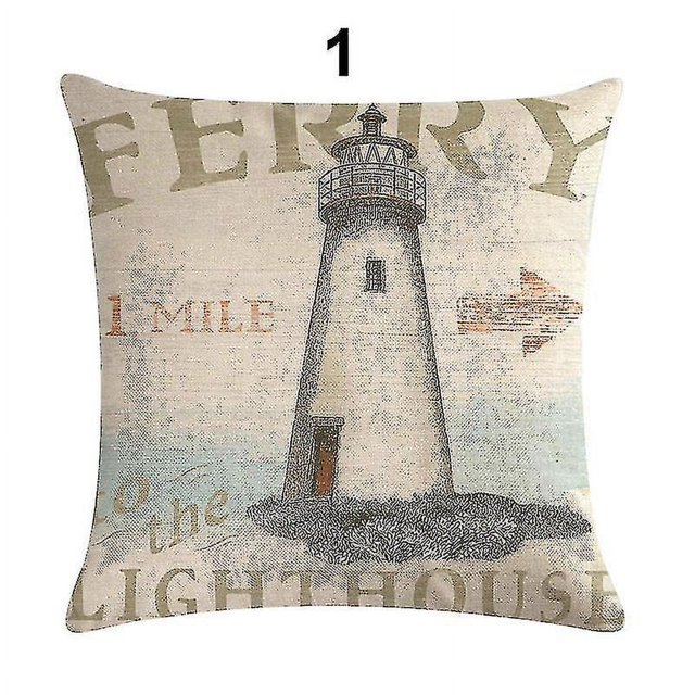 Funda de cojín de lino con estampado de faro oceánico de 45cm x 45cm
