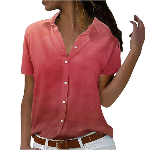 fartey Womens Button Down Shirts Plus Size Short Sleeve Lapel Cardigan Tops Tunic Comfy Gradient Print Trendy Vacation Top, S-6XL