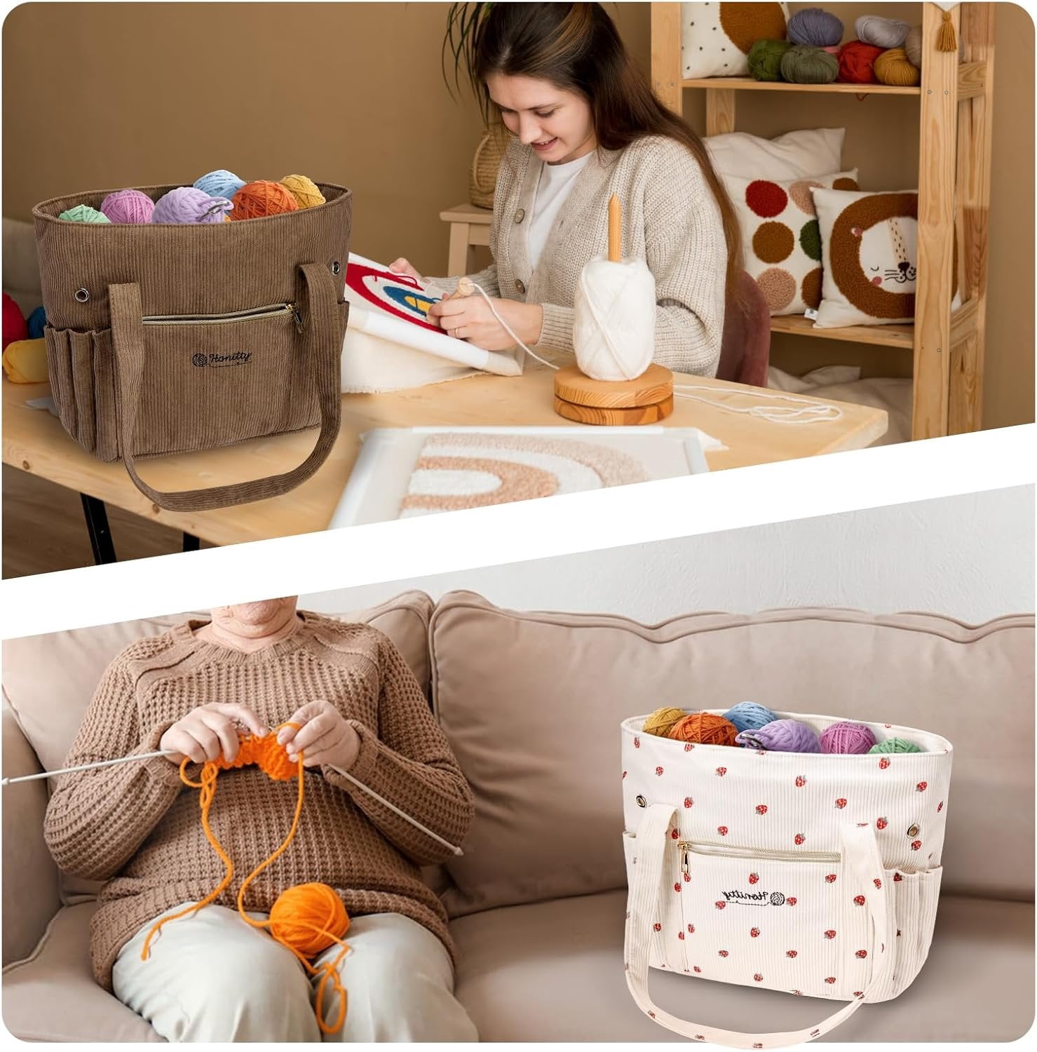 Crochet Bag, Corduroy Tote Bags With  Holders Grommets, Large Capacity Four Compartment Yarn Storage For Women