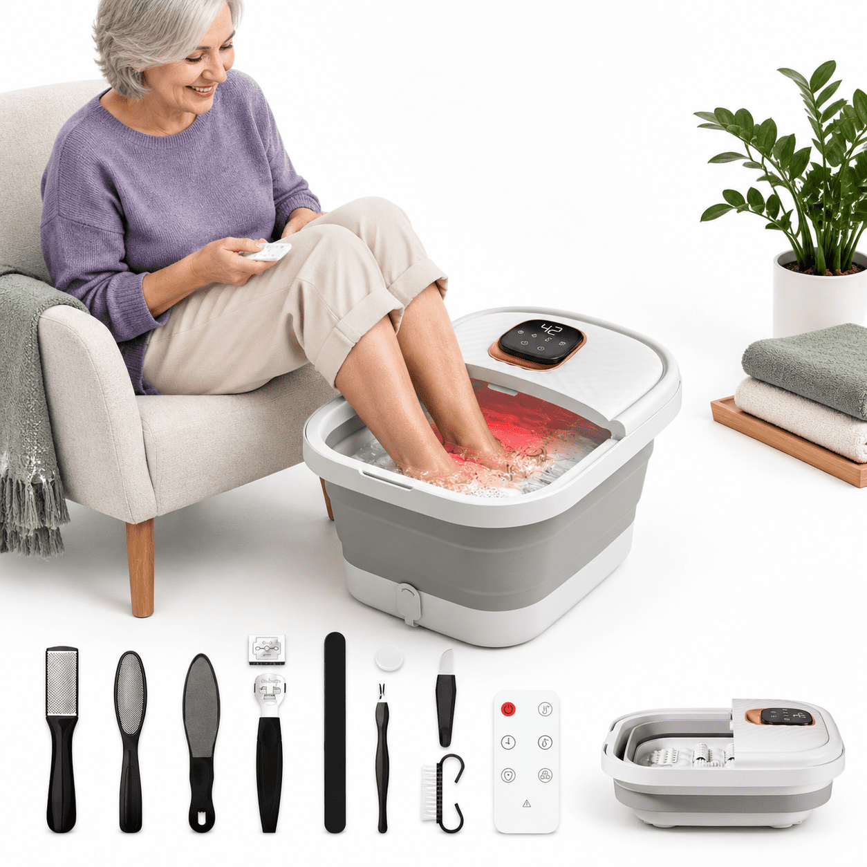 Folding Foot Spa with Heat, Collapsible Bath Tub with Touchscreen Temp Control and Manual Massrollers