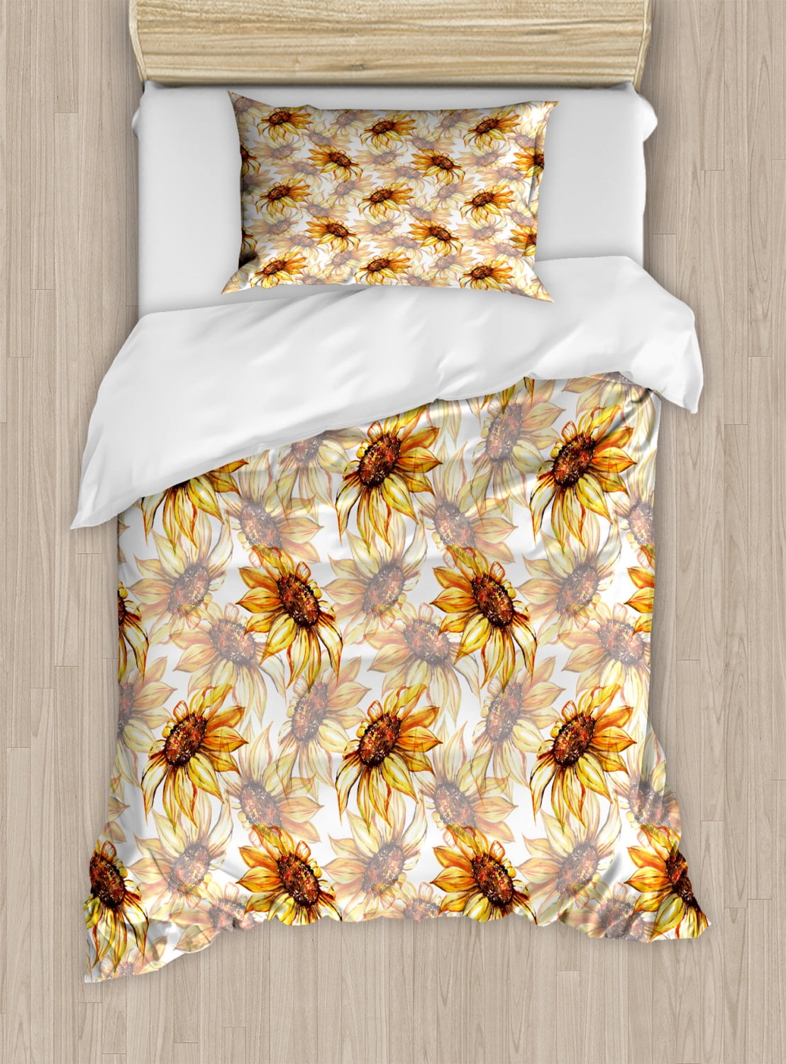 Yellow Flower Twin Size Duvet Cover Set, Watercolor Style Sunflowers
